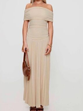 Lioness Neutral Beige Off-Shoulder Pleated Maxi
